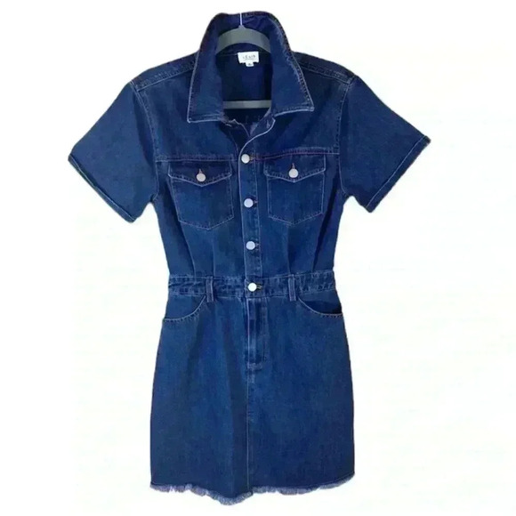 Le Lis Denim “70’s” Retro Collared Button Down Fitted Raw Hem Jean Dress Size M - Picture 1 of 16